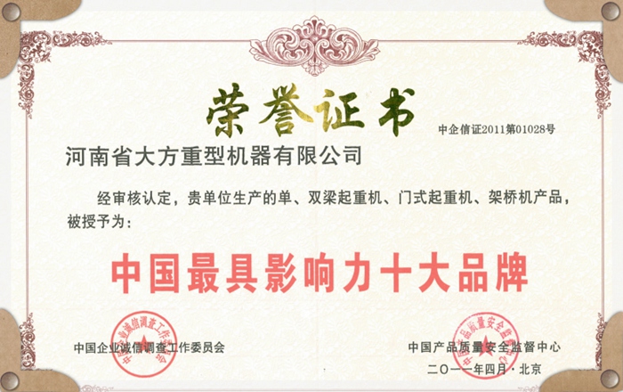 中國最具影響力十大品牌證書